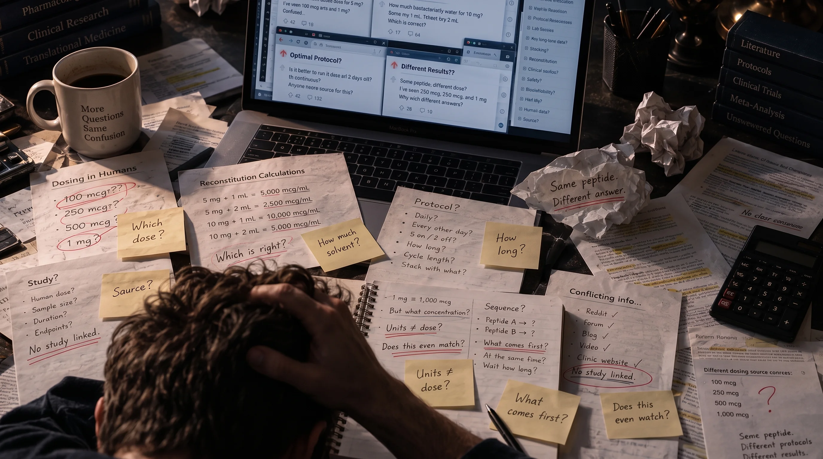 A desk buried in conflicting doses, forum threads and reconstitution math
